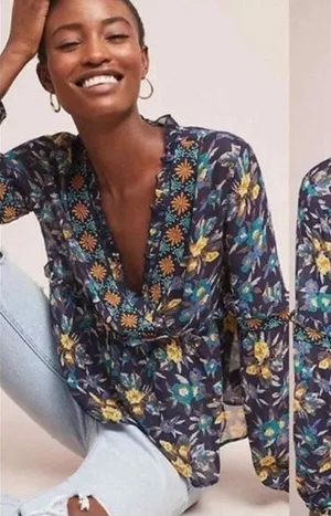 Anthropologie Meadow Rue Strasser Floral Blouse embroidered beaded size medium thumbnail 1