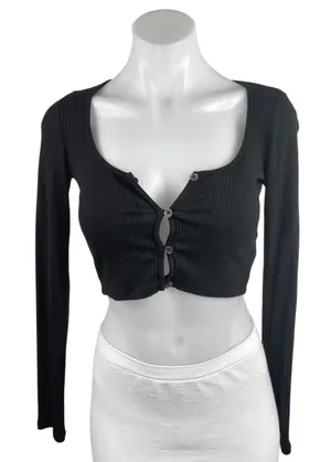 Aritzia Wilfred Black Rib Knit Long Sleeve Button Up Crop Cardigan Sweater Top S thumbnail 1