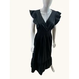 Molly Bracken Black Cotton Ruffle Maxi Dress Smocked Waist V-Neck‎ Size M thumbnail 11