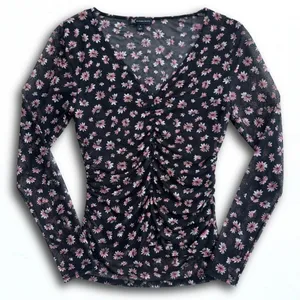 INC International Concepts Womens Floral Mesh Ruched V-Neck Top Small Black Pink thumbnail 1