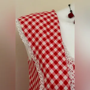 Red White Retro Gingham Checkered Lace Sleeveless Wing Hand Made Dress Sz S thumbnail 3