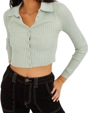 Urban Outfitters Skylar Ribbed Button-front Cropped Sweater Top Collar Green XS thumbnail 1