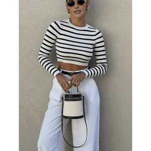 Commense Striped Casual Strech Crop Bodycon Knit Top Black White Stripe S thumbnail 5