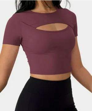 Halara NWOT Burgundy Cutout Double Layer Crop Top Short Sleeve Athletic Small thumbnail 1
