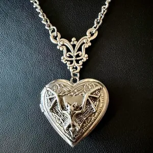 Gothic Vampire Bat Heart Locket Necklace 🦇 Halloween Silver thumbnail 7