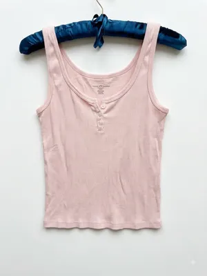 Brandy Melville J. Galt dalis light pink ribbed cotton button-up Henley tank top thumbnail 3