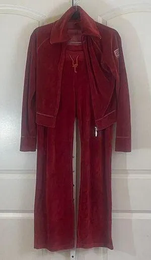 Esprit Y2K Retro Velour Tracksuit - No Size Tag - Red thumbnail 1