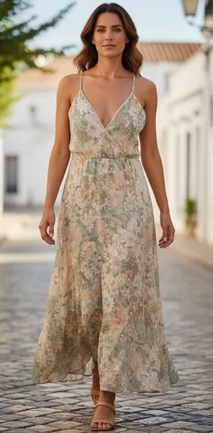 Romantic Floral Open Back Maxi Dress Peach Green Cream NWT M thumbnail 1