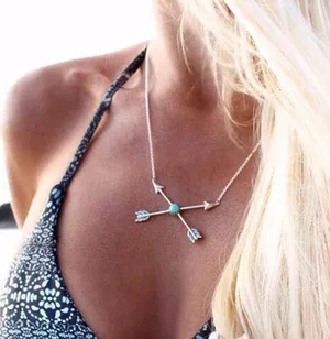 Crossed Arrows Turquoise Silver Boho Necklace thumbnail 1