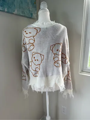 Just Polly White Kawaii Distressed Teddy Bear Sweater Soft Grunge Small thumbnail 3