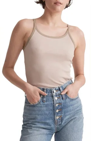 NWT Madewell bright side fitted tank top tan brown trim STUBBORN GREEN TAPE thumbnail 1