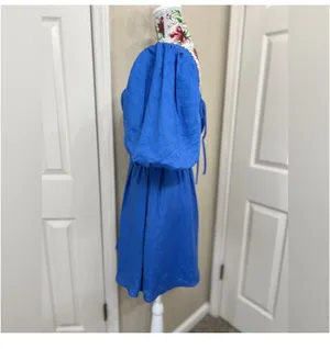 Amalie - linen plunge puff sleeve mini linen dress in blue thumbnail 5