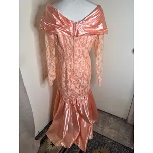 Vintage 1980s Peach Satin & Lace Off-the-Shoulder Prom Formal Gown Oversized Bow thumbnail 6