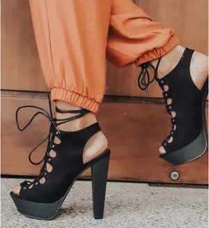 Breckelle's Black Slingback Lace-Up Platform Heels thumbnail 1