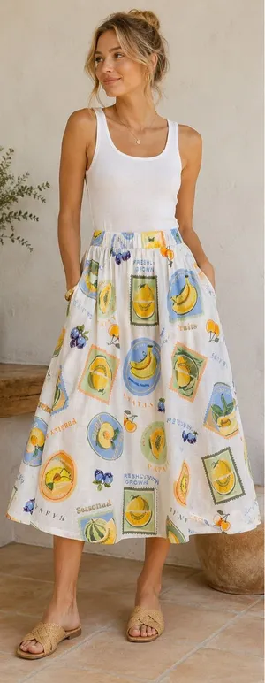 NWT Prosperina Fruit Print Linen Cotton Midi Skirt Medium Cottagecore Summer thumbnail 1