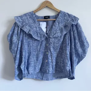 NEW Gigio Gingham Floral Puff Sleeve Top size small blue ruffle boho NWT blouse thumbnail 2