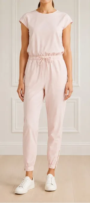 Albion Fit Jetsetter Jumpsuit Sz Medium Blush Pink Cap Sleeve Tapered Athleisure thumbnail 1