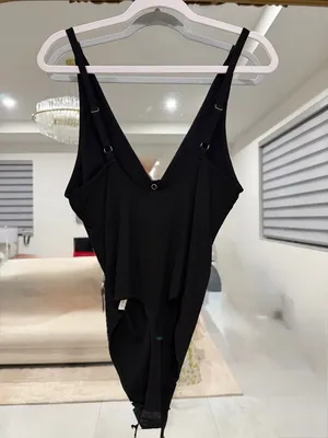 NWT. Free People Black V-Neck Ribbed Bodysuit size L thumbnail 3