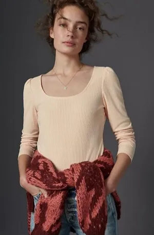 By Anthropologie‎ Ribbed Scoop Neck Long Sleeve Top Sz XS Orange Stretch thumbnail 1