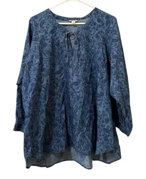Cato Est 1946 Women Size XL Blue Paisley Shirt Top Tie Neck Career Office City‎ thumbnail 1
