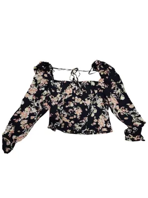 Free People Black Boho Floral Print Long Sleeve W/ Smock Detail Viscose Top NWT thumbnail 7