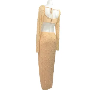 Oh Polly LA DÉSIRADE Cream Pearl Beaded Embellished Crop Top & Midi Skirt Set 2 thumbnail 6