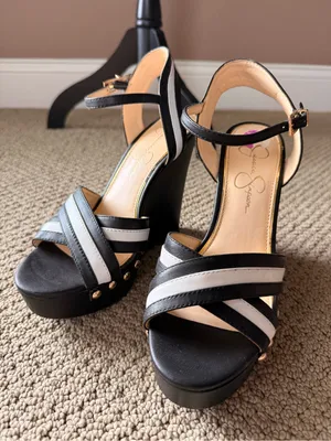 Jessica Simpson Tellira Black and White Leather Platform Strap Wedge Sandals thumbnail 2