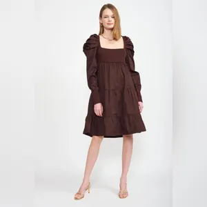 En Saison Lucille Mixed Media Relaxed Fit Midi Dress in Dark Brown Bump Friendly thumbnail 3