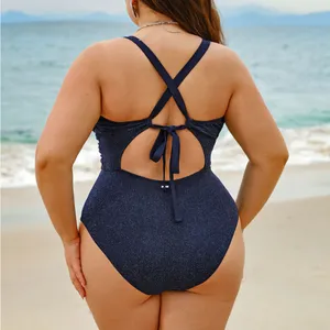 Berlook Plus Size Blue V Neck Plus Size One-Piece Swimsuit thumbnail 2
