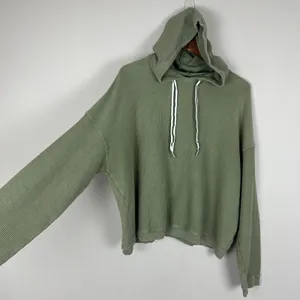 Aerie Hoodie Sweatshirt Womens Large Green Ribbed Cropped Corded 100% Cotton L‎ thumbnail 4