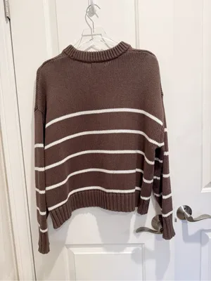 QUINCE 100% Organic Cotton Striped Crew Sweater Heather Brown Ivory Medium thumbnail 7