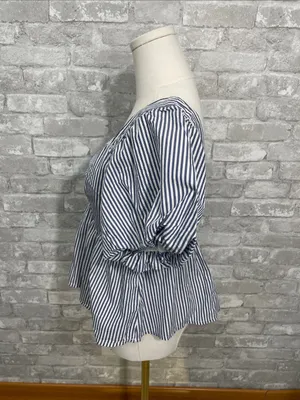 Old Navy Blue and White Striped Square-Neck Peplum Blouse thumbnail 2