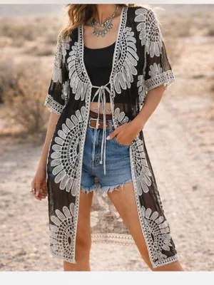 Rebellion Ember Black Sheer Crochet Kimono Embroidery Duster Whimsigoth Western Boho thumbnail 2