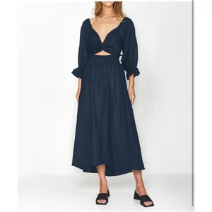 NEW Navy Blue Wrap Cut Out Tie Back Midi Dress L thumbnail 7