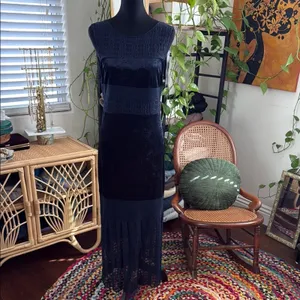 Free People Intimately Keep In Line Navy Crush Velvet Lace Boho Midi Maxi Dress thumbnail 3