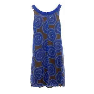 Tory Burch Forisa Silk Dress 4 Blue Brown Geometric Braided Neck Flaw Read thumbnail 3
