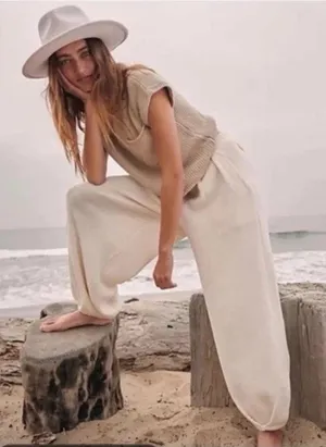 Free People Beach Freya Pants Ivory Barrel Balloon Leg Linen Blend Knit Coastal thumbnail 1