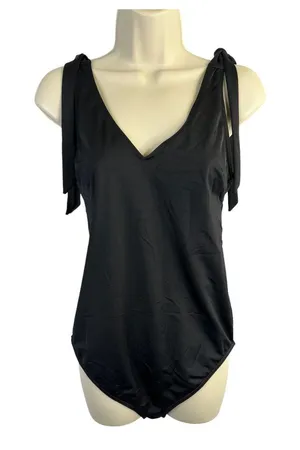 ASOS Black Back Plunge Shoulder Tie One Piece Swimsuit Sz 8 Bathing Suit Resort thumbnail 1