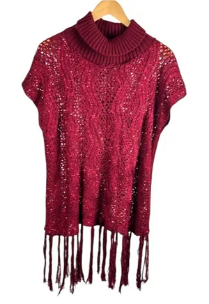 Burgundy Open-Knit Sleeveless Sweater with Sequins‎ & Fringe - One Size thumbnail 1