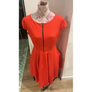 Sangria Red Textured Fit and Flare Dress Front Zip Cap Sleeve Size 14 Festive‎ thumbnail 2
