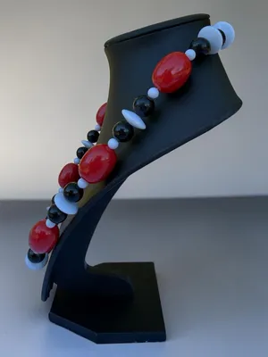 Vintage 60s Mod Chunky Beaded Statement Necklace Red Black White Acrylic‎ 20” thumbnail 4