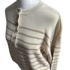 Pink Lily Striped Button Neck Sweater Cream Tan Small Coastal Grandma thumbnail 5