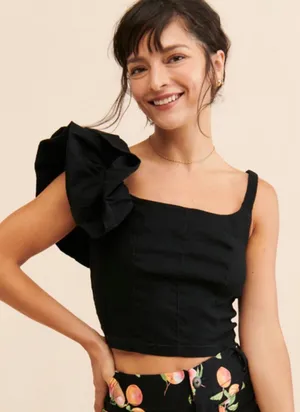 Anthropologie Women's Black One Shoulder Ruffle Crop Top. NWT. Size XL thumbnail 1