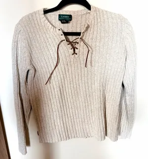 Lauren Ralph Lauren lace up knit sweater brown L thumbnail 1