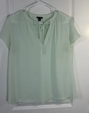 Ann Taylor Factory Mint Green Tie-Neck Short Sleeve Blouse Size M thumbnail 1