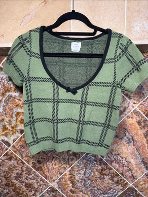 RVCA Green Black Plaid Knit Crop Top Bow Scoop Neck Short Sleeve EUC Size M thumbnail 4
