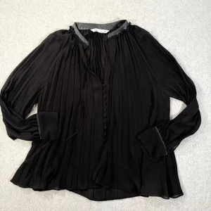 Zara Black Sheer Pleated Blouse Women's Medium Faux Leather Collar Button V-Neck thumbnail 1