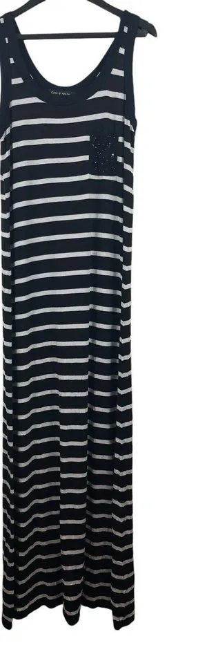 Karen By Karen Kane Black White Stripe Sleeveless Sequin Pocket Maxi Dress S thumbnail 1
