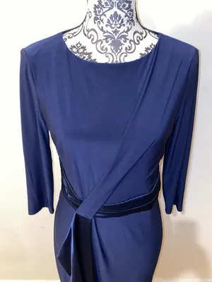 American Living Gabrielle Navy Blue Longsleeve Ruffle Satin Sheath Dress Size 6 thumbnail 3