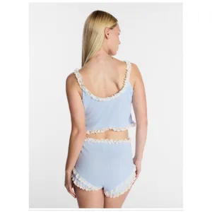 Kacey Lee Baby Blue Pointelle Lace Trim Two Piece Set Cami Shorts L thumbnail 3